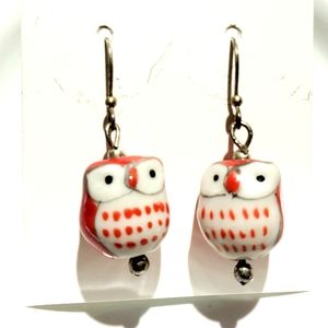 VINTAGE look Ceramic Owl Earrings, Hand made Painted,ss ear wires. NEW
